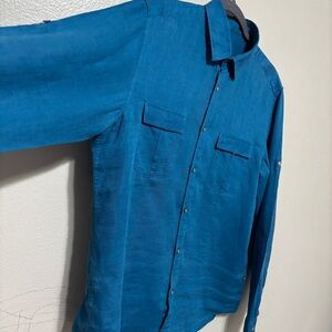 Hugo Boss Linen Shirt Mens Large Slim Fit Blue Button Up Long Sleeve Dual Pocket